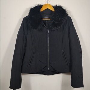 Ann Taylor Black Puffer Jacket with Faux Fur Collar